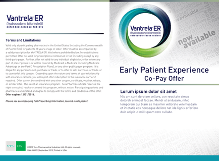 A brochure or flyer for a company called cantrell ER. The brochure is divided into two sections. On the left side there is a black background with white text that reads "Terms and Limitations" and "Early Patient Experience Co-Pay Offer". On the right side it is a white background with a blue and green circular logo in the center. The logo is a stylized version of the company's name and contact information. Below the logo there are two bullet points that explain the company and its services. The first bullet point explains that the company offers early patient experience co-pay offers while the second bullet point provides information about the services offered by the company. The text is written in a modern and professional font and is centered on the page. The overall design of the brochure has a clean and professional look.