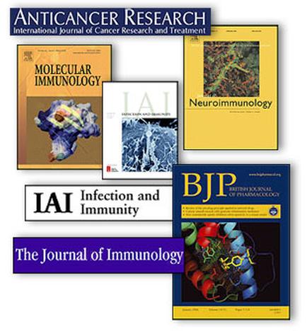 A collage of four books from the Anticancer Research International Journal of Cancer Research and Treatment. The books are titled "Molecular Immunology" "IAI Infection and Immunity" "Neuroimmunology" and "The Journal of Immunology". The first book on the top left is a yellow cover with an illustration of a molecule in the center. The title of the book is written in bold black letters. The second book is a black and white cover with a map of the world in the background. The third book is an orange cover with the title "Neuromunology" written in white letters. In the center of the image there is a white book with a blue cover that has an image of a human brain. The cover also has a title that reads "The journal of immunology" in black letters and a subtitle in blue letters. Below the title there are two smaller books on the bottom right corner that read "BJP" in red letters.