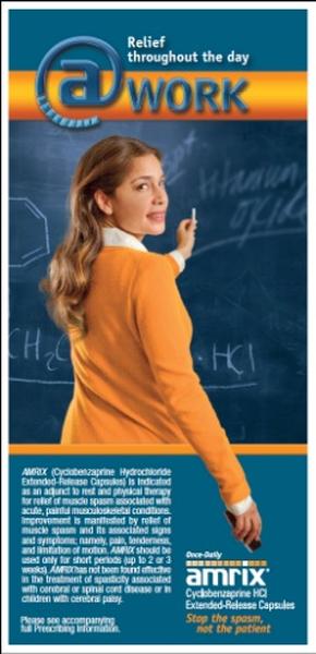 An advertisement for Amrix Extended Release Capsules. It features a young woman standing in front of a blackboard with formulas written on it. She is wearing an orange sweater and has long blonde hair. The woman is holding a pen in her right hand and appears to be writing on the blackboard. The background is blue and the text on the image reads "Relief throughout the day @work". The Amrix logo is in the top left corner and the words "Extended Release Capsule" are in the bottom right corner. The overall design of the advertisement is modern and professional.