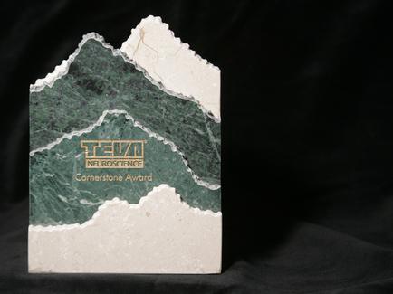A photograph of a bookend or award. The bookend is made of a white material with a green and white marble-like texture. The top half of the bookend has a triangular shape with a jagged edge while the bottom half has a more rounded shape. On the top half there is a gold-colored logo that reads "tea Neuroscience Cornerstone Award". The logo is in the shape of a mountain peak with the word "Neuroscience" written in a cursive font. The background of the image is black.