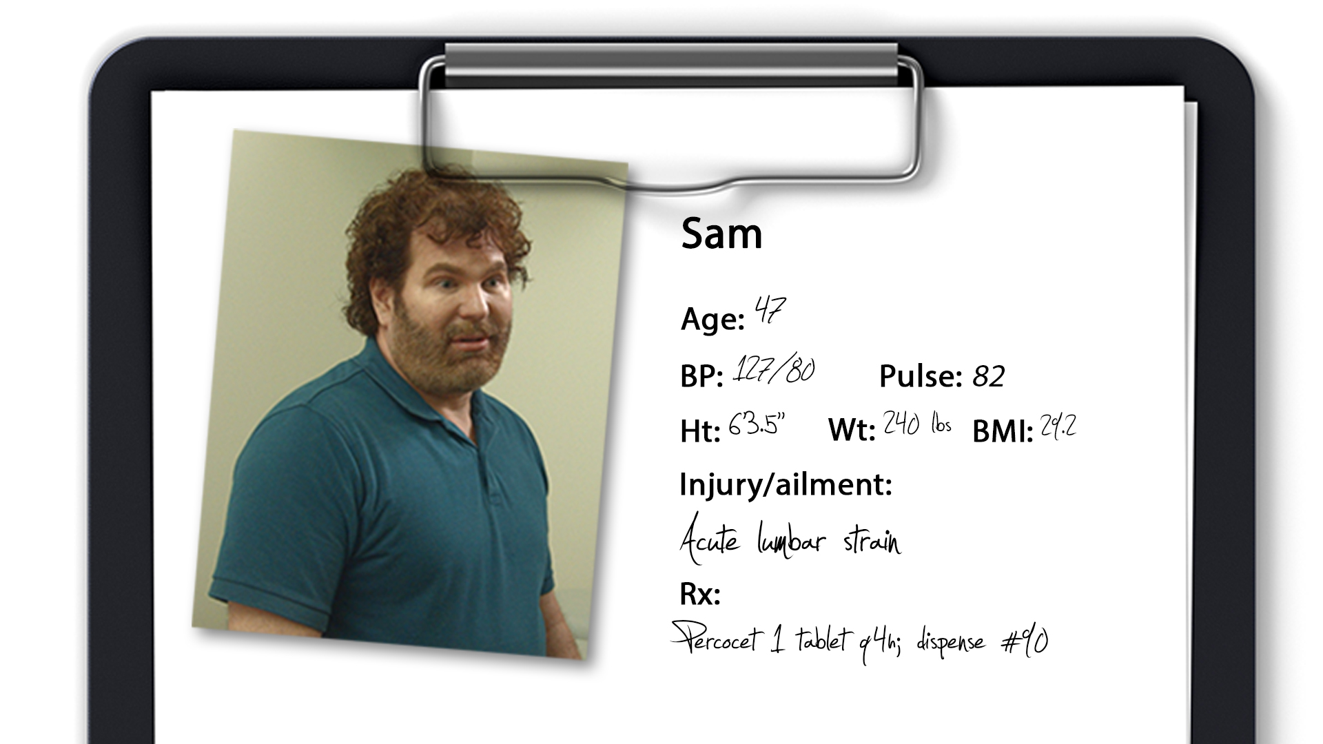 A hypothetical patient profile for an unidentified pain drug. "Sam" is a man with brown curly hair and a trimmed beard wearing a short-sleeved teal polo shirt. On the right side of the image there is medical metadata about him : Age Blood Pressure Pulse Height Weight BMI Injury/Ailment and Rx. The background is in the form of a black clipboard with a silver clip.