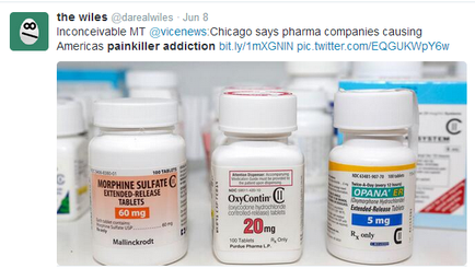 Three white prescription bottles of different sizes and colors. The bottles are arranged in a row with the largest bottle in the center and two smaller bottles on either side. The first bottle on the left is labeled "Morphine Sulfate Extended-Release Tablets" and has a label that reads "60 mg". The second bottle has "OxyContin" and "20mg" written on it and the third bottle has the label "Opana ER" and the label reads "5 mg". All three bottles appear to be new and unused. The background is blurred but it seems like the bottles are placed on a shelf or table.