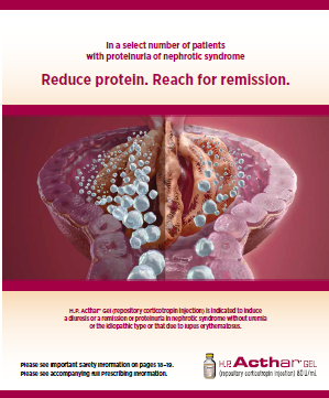 An illustration of a human body with a pink background. The body is divided into two sections with the left side showing the internal structure of the body and the right side showing a large intestine. The intestine is filled with small white cells which appear to be proteins. The cells are arranged in a circular pattern around the intestine with some of them overlapping each other. The image is accompanied by text that reads "In a select number of patients with proteinuria of nephrotic syndrome. Reduce protein. Reach for remission." <br /><br />At the bottom of the image there is a label that says "H.P. Acthar Gel" and a logo for the company. The label also mentions that the product is available for purchase at a discounted price.