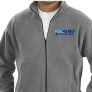A man wearing a grey zip-up jacket with the word "Pennsaid" written in blue on the right side of the chest. The jacket has a full zipper and a collar. The man is wearing a white t-shirt underneath the jacket. The background is plain white.