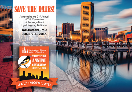 A promotional poster for the 31st Annual hasa Convention in Baltimore MD. The poster has a blue background with a photo of the city skyline in the center. The skyline is of tall buildings and skyscrapers with a body of water in the foreground. The sky is blue and there are a few clouds in the background. On the left side of the poster there is an orange banner with the text "Save the Dates!" and an image of a bird with the words "Thirty-First Annual Convention" and "Baltimore MD June 2-4 2016" on it. The text on the poster also mentions that the event will be held on June 2 - 4 2016.