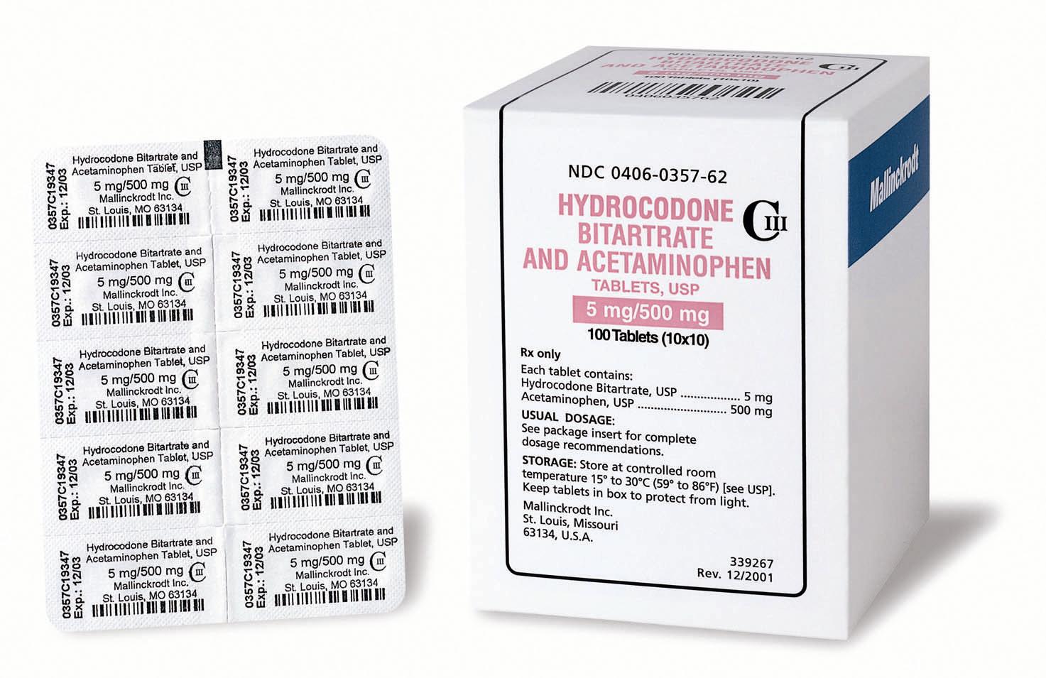A box of 100 Hydrocodone Bitrate and Acetaminophen Tablets USP CIII in the 5 mg/500 mg dosage manufactured by Mallinckrodt Inc. (NDC 0406-0357-62). There is also a blister pack of the same tablets showing the text appearing on their back (control number expiration date barcode etc.). The box is white with graphic elements in pink blue and black with text in black pink and white. The blister packets are white with graphic elements and text in black.