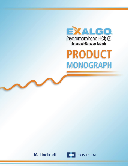A cover page of a book or booklet titled "Exalgo (hydromorphone HCI) Extended-Release Tablets Product Monograph". The background is a light blue color with a gradient effect and has various orange lines across the cover. At the bottom of the page there are two logos - "Mallinckrodt" and "Covidien". The overall design of the cover page is simple and modern.