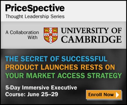 A banner for a 5-day immerse executive course offered by the University of Cambridge. The banner has a black background with white text that reads "Pricespective Thought Leadership Series" at the top. Below the text there is a logo of the university of Cambridge which is a shield with a coat of arms in the center. The text below the logo reads "The secret of successful product launches rests on your market access strategy". At the bottom of the banner there are two buttons - "Enroll Now" and "5-Day immerse Executive Course: June 25-29".