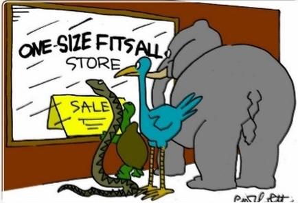 A cartoon illustration of a one-size pitfall store. The store has a whiteboard with the words "ONE-SIZE pitfall STORE" written on it in black marker. On the right side of the image there is a large grey elephant with a blue bird standing on its hind legs. Next to the elephant there are two small green dinosaurs one of which is holding a yellow sign that reads "SALE". The dinosaurs appear to be looking at the sign with interest. The background is a plain white wall.