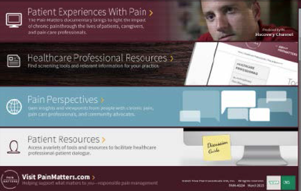 A screenshot of a website homepage for a healthcare professional resource called "Patient Experiences With Pain". The website has a maroon and white color scheme with a photo of a man's face on the top right corner. Below the photo there is text that reads "Healthcare Professional Resources" and "Pain Perspectives". On the left side of the page there are three sections. The first section has a blue header with the title of the website and a brief description of the resource. The second section has an image of a computer monitor with a yellow sticky note on it. The third section has text that explains the resource's features and benefits. At the bottom of the image there has a navigation bar with links to different sections such as "Visit PainMatters.com" "Contact Us" and "About Us". There is also a link to a website for more information about the resource and its services.