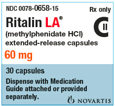 A label for 30 Ritalin LA (methylphenidate HCI) CII extended-release capsules in the 60 mg dosage manufactured by Novartis (NDC 0078-0658-15). The label is white and light blue with text in black and red. It includes text that says "Dispense with Medication Guide attached or provided separately" and "Rx only".