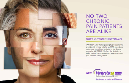 A collage of multiple photos of a woman's face. The photos are arranged in a grid-like pattern with each photo overlapping the one below it. The woman appears to be of middle-aged or older with short blonde hair and blue eyes. She is smiling and looking directly at the camera. The background is white and there is text on the right side of the image that reads "No two chronic pain patients are alike. That's why there's cantrell ER. Designed to make a difference."