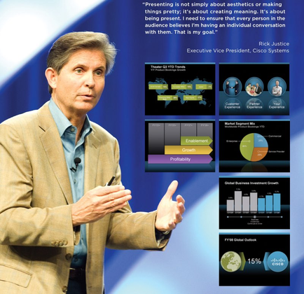 A man standing on a stage with a blue background. He is wearing a beige blazer and a blue shirt and is holding a pen in his hand. He appears to be giving a presentation or giving a speech. On the right side of the image there is a slide with information about Rick Justice the Executive Vice President of Cisco Systems. The slide has a title that reads "Presenting is not simply about aesthetics or making things pretty. It's about creating meaning. It is about audience belief that I'm having an individual conversation with them. That is my goal." Below the title there are several graphs and charts that provide further details about the presentation.