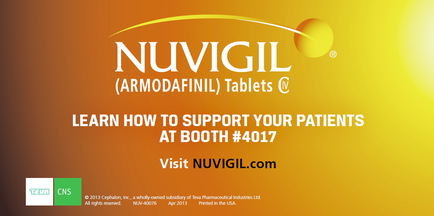 A banner or advertisement for vigil (Armodafinil) Tablets. The background of the image is orange and yellow with the company's logo in the center. The logo is a yellow circle with the word "vigil" written in white. Below the logo there is text that reads "Learn how to support your patients at booth #4017". The text is in black and is in a modern sans-serif font. The website "Visit vigil.com" is written in smaller text below the logo.
