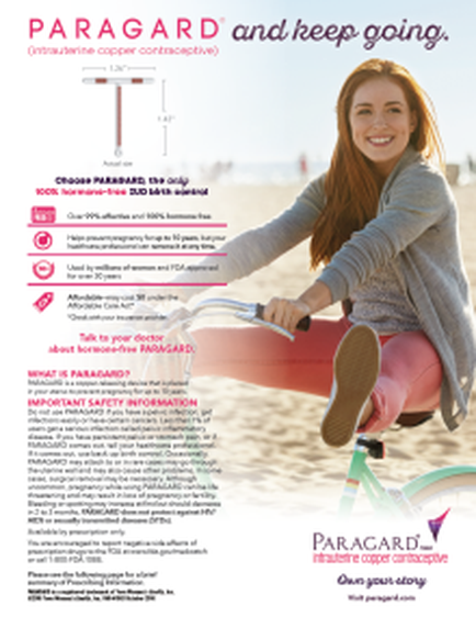 An advertisement for Paragard a company that provides safety information. The advertisement features a young woman riding a bicycle on a sandy beach. She is wearing a gray cardigan and pink pants and is smiling at the camera. The background is a light blue sky with white clouds. On the left side of the image there is text that reads "Paragard and keep going" in bold black font. Below the text there are several bullet points that explain the company's features and benefits. The bullet points include: - Choose PARAGARD the only 100% safety information you need to know about the company. - Talk to your doctor about PARAGARDS what is PARAGARID? - Important safety information The overall design of the advertisement is modern and eye-catching with a focus on the woman and her bicycle.
