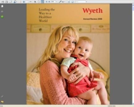 A photograph of a woman holding a baby in her arms. The woman is wearing a pink sweater and has blonde hair. She is smiling and looking at the camera. The baby is a young girl wearing a red dress and is sitting on her lap. The background is blurred but it appears to be a bedroom with a bed and a nightstand. The image is accompanied by text that reads "Leading the Way to a Healthier World" and "Wyeth Annual Report 2006".