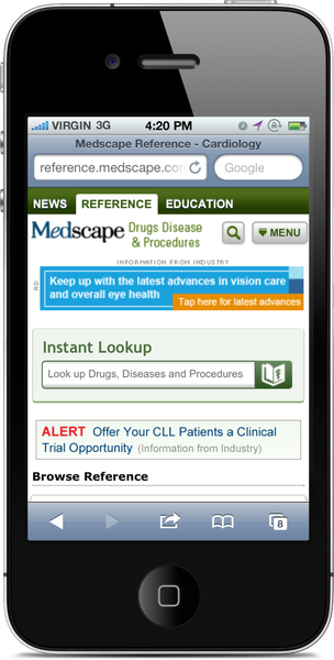 A screenshot of a mobile phone screen displaying the homepage of a website called "escape Reference - Cardiology". The website has a blue and white color scheme with a navigation bar at the top. Below the navigation bar there is a search bar with various options such as "News" "Reference" "Education" "Menu" "Instant lockup" "Alert" "Offer Your CLL Patients a Clinical Trial Opportunity" and "Browse Reference". At the bottom of the screen there are several buttons for the website's user to navigate through different sections. The first button is for "Keep up with the latest advances in vision care and overall eye health" the second button is to "Tap here for latest advances" and the third button is a "Alert" button. The website appears to be a medical website as indicated by the "VIRGIN 3G" logo on the top left corner.