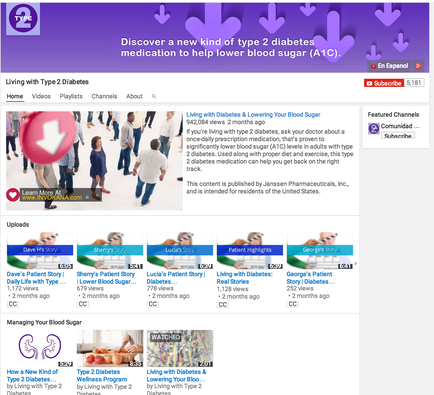 A screenshot of a webpage from a website called "Living with Type 2 Diabetes". The webpage is titled "Discover a new kind of type 2 diabetes medication to help lower blood sugar (A1C). The page has a purple background with white text. On the left side of the page there is an image of a group of people walking together and on the right side there are several images of different types of diabetes medications. At the top of the image the website's logo is in purple and white and there is a search bar at the top with links to different channels such as "Home" "Channels" "About" and "Featured Channels". Below the search bar the page has links to "Uploads" "Uploaded" "Managing Your Blood Sugar" "Watched" and more. There are also several buttons on the page for users to navigate through different channels. The page appears to be promoting the website and its services.