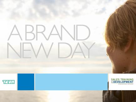 A promotional graphic for a brand new day event. It features a close-up of a young man's face with his back to the camera looking out over a body of water. The sky is blue with white clouds and the sun is shining brightly in the background. The text "A Brand New Day" is written in a modern sans-serif font in the center of the image. Below the text there is a blue banner with the words "Sales Training & Development" in white. The logo of the event is also visible in the bottom right corner.