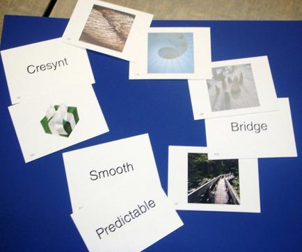 A blue table with six white cards scattered on it. The cards have the word "present" written on them in black text. There are six cards in total each with a different image on them. The first card on the top left has a photograph of a snake's head and the words "Smooth" and "Predictable" written below it. Next to it there is a green and white logo of a cube. The second card has a black and white photo of a bridge with a blue sky in the background. The third card has an image of a person walking on a bridge. The fourth card has two images of trees and a wooden bridge. All the cards appear to be related to the concept of "smooth" or "predictable".