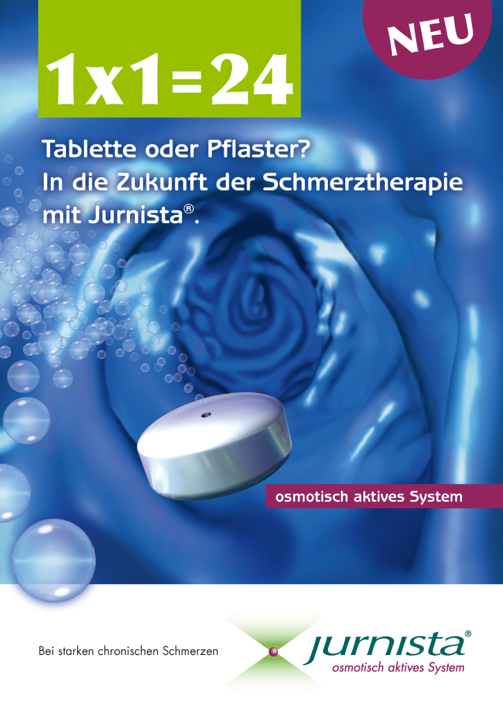 An advertisement for Jurnista with the tagline "1x1=24 Tablette oder Pfalster? In die Zukunft der Schmerztherapie mit Jurnista". The text is in German. It includes an illustration of a pill with a time-release mechanism (presumably) against a blue textured background. There are graphic elements in green and purple with text in white green and purple. The Logo of Jurnista is at the bottom right corner.