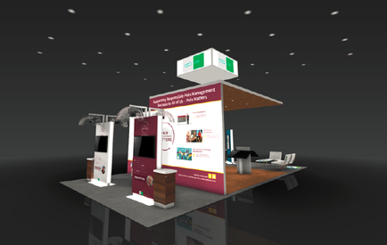 A 3D rendering of a trade show booth. The booth is divided into two sections with the left side having a white and pink color scheme and the right side having an orange and white color scheme. The booth has a large banner on the front with the company's logo and contact information. The banner also has a photo of a group of people and some text. There is also a desk with a computer and a chair in front of the booth and a small table with a lamp on it. The background is black and there are several spotlights on the ceiling giving the booth a modern and professional look.