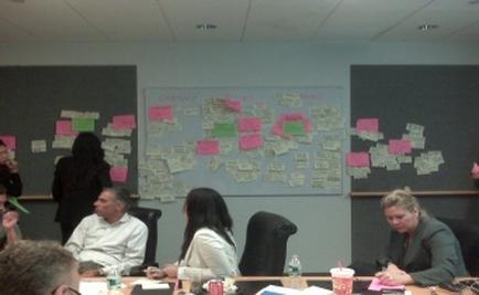 A group of people sitting around a conference table in a meeting room. There are six people in the image three men and three women all of whom appear to be engaged in a discussion. The table is covered with papers water bottles and other office supplies. On the wall behind the table there is a large whiteboard covered in colorful post-it notes. The notes are in various colors including pink green blue and yellow. There is also a person standing in the background possibly a teacher or a student. The room appears to be well-lit with natural light coming in from the windows.