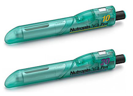 Two green atropin AQ Pen pens. The pens have a black cap and a transparent body. The body of the pens has the brand name "atropin" written in white letters on the top followed by the number "10" and "20". The pens appear to be new and unused. The background is white.