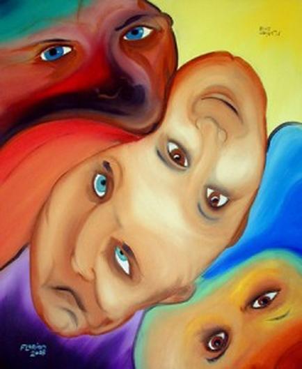 A painting of three faces each with a unique expression. The faces are arranged in a triangular formation with the top face being the largest and the bottom two being the smallest. The top face is a close-up of a man's face with his eyes looking directly at the viewer. The middle face is an older man's head with a pale complexion and blue eyes. The background is a gradient of colors including red orange yellow and blue. The colors blend together to create a sense of depth and dimension. The painting is done in a realistic style with bold brushstrokes and vibrant colors. The overall mood of the image is playful and surreal.