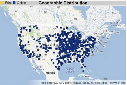 This is a map of the continental United States showing the distribution of an unknown good or service in 2 different formats (Print or Online). Online availability is marked with over 100 blue dots. Print availability would be marked by yellow dots but none are present.