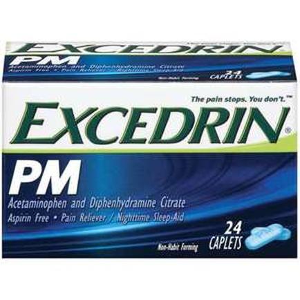 Of a box of Excedrin PM tablets. The box is rectangular in shape and has a blue and green color scheme. The front of the box has the brand name "Excedrin" written in bold white letters at the top followed by the product name "PM" in smaller white letters. Below that there is a description of the product which states that it is acetaminophen and diphenhydramine citrate aspirin free pain reliever nighttime sleep aid and 24 caplets. The label also mentions that the pain stops you don't.