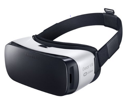 A Samsung Gear VR headset. The headset is black and white in color and has a strap attached to it. The strap is adjustable and can be adjusted to fit the user's head. The front of the headset has the Samsung logo and the words "Gear VR" written in white. The back of the headband has a small button for adjusting the settings.