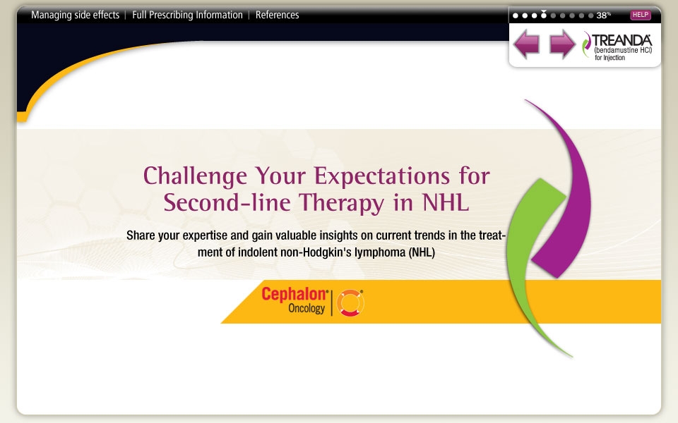 A web-based advertisement for Treanda (bendamustine HCl) with the taglines "Challenge Your Expectations for Second-Line Therapy in NHL" and "Share your expertise and gain valuable insights on current trends in the treatment of indolent non-Hodgkin's lymphoma (NHL)." The webpage has a white background with graphic elements in black orange purple and green with text in white purple black and red.  A menu bar is at the top with 3 options : Managing side effects Full Prescribing Information and References. The logo of Treanda is in the upper right corner and the logo of Cephalon Oncology is at the bottom.