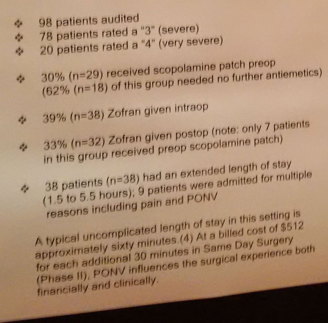 A bullet point list with information about an audit of 98 pain patients who received an unspecified surgery. Topics discussed include scopolamine patches (administered preop) Zofran (administered intraop and/or postop) PONV (that is postoperative nausea and vomiting) Same Day Surgery billing rates (approximately $1000 per hour) etc. It appears to be part of a larger presentation. The background is white with text in black.