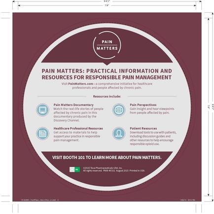 A circular idiographic with a maroon background and white text. The title of the idiographic is "Pain Matters: Practical Information and Resources for Responsible Pain Management". Below the title there is a subtitle that reads "Visit Booth 101 to Learn More About Pain Matters." There are six icons in the idiographic each representing a different resource related to pain management. The first icon is a medical professional resources icon the second is a healthcare professional resource icon and the third is a patient resource icon. The fourth icon is an image of a person with pain the fifth is a logo for pain management the sixth is a list of resources the seventh is a description of pain and and the eighth is a contact form. The idiographic is designed to help people learn more about pain management and provide information about the resources available.