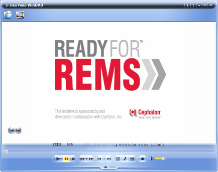 A screenshot of a video player interface. The interface has a white background with the text "Ready for REMS" in red and gray letters. Below the text there is a subtitle that reads "This initiative is sponsored by and developed in collaboration with cephalic Inc." The subtitle also mentions that the video player is a DVD player. At the bottom of the interface there are several buttons for playing the video including a pause button a play button and a playback button.