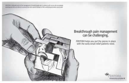 A black and white illustration of a hand holding a piece of paper with a face drawn on it. The face appears to be in pain or discomfort with tears streaming down its cheeks. The hand is holding the paper with both hands and the fingers are slightly curled around the edges. The background is plain white. On the right side of the image there is text that reads "Breakthrough pain management can be challenging. mentor helps you put the pieces in place with the early-onset relief patients need."