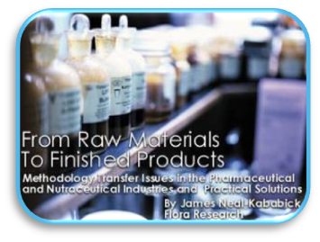 The title of an article : "From Raw Materials To Finished Products : Methodology Transfer Issues in the Pharmaceutical and Nutraceutical Industries and Practical Solutions" written by James Neal Kababick of Flora Research. The background consists of a blurry color (stock?) photograph of various bottles jars vials etc. sitting on two rows of shelves. The text of the title is in white.