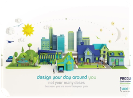 An illustration of a cityscape with various buildings and structures. The buildings are of different sizes and colors including blue green and yellow. There are trees bushes and cars scattered throughout the city. The sky is blue with white clouds and there is a yellow sun in the top left corner. The text on the image reads "design your day around you not your many doses because you are more than your pain". The text is written in a modern sans-serif font and is centered in the middle of the image.