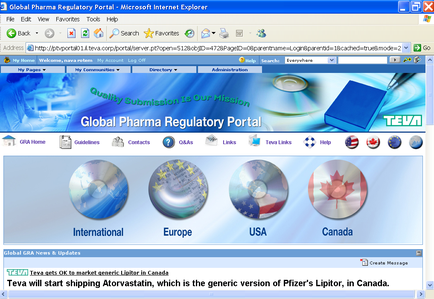 A screenshot of the Global dharma Regulatory Portal website. The website has a blue and white color scheme with a large banner at the top that reads "Quality Submission is Our Mission". Below the banner there is a search bar and a menu bar with various options such as File Edit View Tools Help and Help. At the bottom of the page there are four circular icons representing different countries - International Europe USA Canada and the United States. The icons are arranged in a grid-like pattern with each icon representing a different country. The text below the icons reads "tea will start shipping Atorvastatin which is the generic version of Pfizer's visitor in Canada." The website appears to be a platform for users to access and manage their global pharmacy regulatory portal.