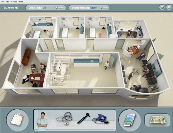 A 3D rendering of a hospital room. The room is divided into two sections with the left side showing the interior of the room and the right side showing a medical examination room. <br /><br />The room has a large window on the left wall which allows natural light to enter the space. There are several pieces of medical equipment scattered throughout the room including a bed a desk a chair and a computer monitor. The bed is covered with a white sheet and there is a desk with a computer and a chair in front of it. The desk is also covered with medical equipment including a stethoscope.<br /><br />There are several people in the room gathered around the bed some sitting and some standing and they appear to be engaged in a conversation. There is also a person wearing a blue shirt and holding a clipboard suggesting that they are a doctor or a medical professional. The image also has a menu bar at the top with options such as File View Control and Help.