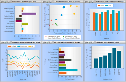 This is a data dashboard consisting of 6 data visualizations. There is a bar chart that shows Service Line Profit Margins (%) a bubble chart that shows 7 day readmission rate by facility  a run chart that shows Outpatient visits vs. previous year a run chart that shows Average length of stay (ALOS) by facility a bar chart that shows Rx costs per inpatient days ($) and a run chart that shows Inpatient one day stays trend. Each data visualization is color coded with a light blue border a white background and text in black.