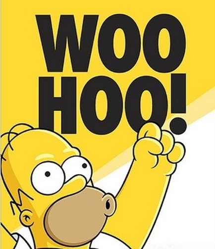 A cartoon illustration of the character Homer Simpson from the animated TV show The Simpsons. He is shown in a yellow background with the words "WOO HOO!" written in bold black letters above his head. Homer is shown with his right hand raised in a fist as if he is shouting or shouting. His facial expression is one of excitement or surprise.