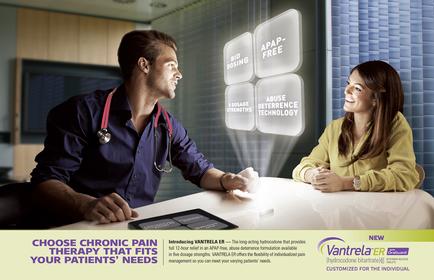 A doctor and a patient sitting at a desk in a medical office. The doctor is wearing a blue uniform and a stethoscope around his neck and he is holding a tablet in his hand. The patient is a young woman with long brown hair wearing a yellow blouse. They are both smiling and appear to be engaged in a conversation. In the background there is a large window with a blue curtain and on the right side of the image there are three white boxes with text on them. The text on the boxes reads "pap-FREE" "ABUSE DETERRENCE TECHNOLOGY" and "Choose Chronic Pain Therapy that fits your patients' needs". The image also has a banner at the bottom that reads "Introducing cantrell ER - Customized for the individual".