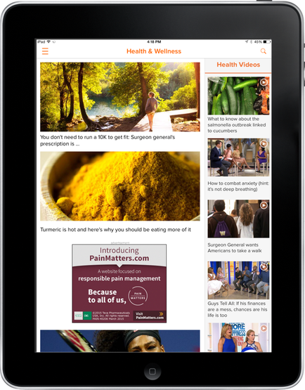 A screenshot of the homepage of a website called "Health & Wellness". The website is displayed on an iPad. The top of the page has a white background with a blue header that reads "Health Videos". Below the header there is a photo of a group of people walking in a park with trees in the background. The main content of the website is divided into three sections. The first section is titled "You don't need to run a 10K to get a surgeon general's prescription". The second section has an image of a pile of turmeric powder the third section has a headline that says "Turmeric is not here's why you should be eating more of it" and the fourth section has multiple images of people interacting with each other. At the bottom of the screen there are two buttons - "Introducing PainMatters.com" and "Because to all of us". There is also a link to the website's website.
