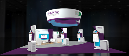 A 3D rendering of a trade show booth with a purple and white color scheme. The booth has a large circular banner at the top with the word "busted" written in bold white letters. Below the banner there is a smaller banner with the same word written in purple letters. The booth is set up in a dark room with a high ceiling and black walls. There are several white and purple booths and tables arranged in a semi-circle around the booth. On the left side of the booth there are two white chairs and a white table with a blue tablecloth. In the center of the room there appears to be a large screen displaying information about the booth's services. On the right side the booth has two smaller white booths with a white screen and a purple banner. There is also a white desk with a computer monitor and a chair in front of it. The overall design of the exhibition stand is modern and professional with a focus on the company's logo and branding.