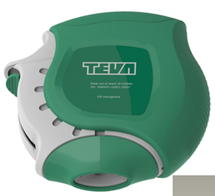 A 3D rendering of a green and white device with the word "tea" written in white on the front. The device appears to be a pressure gauge or a measuring device with a round base and a handle on the top for easy carrying. The body of the device is made of a durable material likely plastic or rubber and has a textured surface for better grip. The text on the device reads "Keep out of reach of children" in white letters indicating that it is designed to measure the pressure of a child's body. There is also a small circular button on the side for adjusting the settings.