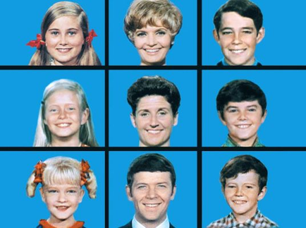 A collage of nine headsets of the cast of the TV show "The Brady Bunch." The headsets are arranged in a grid-like pattern with each headset facing the same direction. The first row of headsets shows a young girl with blonde hair and red bows in her hair. She is smiling and looking directly at the camera. The second row shows a woman with short blonde hair wearing a red bow in her left hair. The third row shows two young boys one with short black hair and the other with short brown hair. In the fourth row there is a young boy with short dark hair also smiling. The fifth row shows an older woman with shoulder-length blonde hair. In the sixth row the seventh row shows another young boy wearing a plaid shirt. The eighth row shows the same boy but with a different hairstyle and facial expression. The ninth row shows that the boy in the bottom row is a younger boy with dark hair and a white shirt.