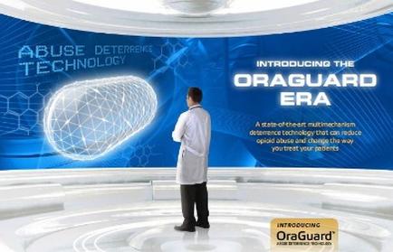 A man in a white lab coat standing in front of a large screen with the text "Introducing the outguard Era" on it. The background of the screen is blue with a futuristic design that resembles a brain. The text on the screen reads "Abuse Deterrence Technology" and "A state-of-the-art multichannel technology that can reduce opioid abuse and change the way you treat your patients". The man is looking at the screen with a serious expression on his face. The image appears to be an advertisement for an outguard era as indicated by the logo in the bottom right corner.