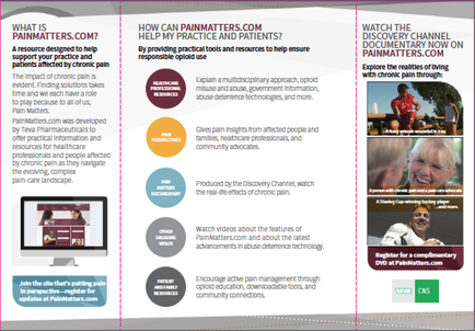 An idiographic that explains how painmatters.com can help practice and patients. It has a white background with a purple header and footer. The header has the company's logo and contact information at the top. Below the header there is a brief description of the website and a link to the website's website. The idiographic is divided into three sections. The first section is titled "What is Painmatters?" and has a title that reads "Help My Practice and Patients?" Below the title there are three bullet points that explain the website. The bullet points are: - A resource designed to help people with pain and pain-related issues. - By providing practical tools and resources to help ensure the website is safe and secure. The second section has a description of how the website can help patients with pain and the third section has an image of a group of people smiling and interacting with each other. The fourth section has information about the website including a video titled "Produced by the Discovery Channel watch the video about the features of pain management through community connections." At the bottom of the idiographic there has a button that says "Register for a complimentary DVD at PainMatters."